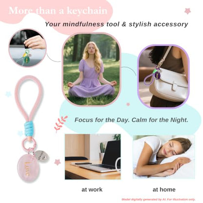 Crystal Keychain Set - Natural Healing Stones with Affirmation Cards- Worry Stone Anxiety Relief Gift - color: Rose Quartz