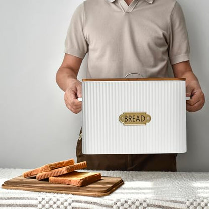 EMAX HOME Vertical Stripes Extra Large Space Saving Farmhouse Bread Box with Wood Lid - Holds 2 Loaves - White Vertical Breadbox Bread Storage Bin Holder for Kitchen Countertop - color: Vertical Grain Embossing