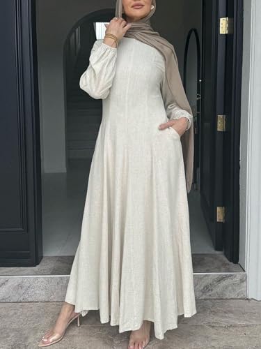 Women's Muslim Abaya Long Puff Sleeve Flowy Swing Maxi Dress with Pockets - color: Off-white, size: XX-Large