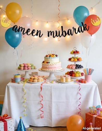 Ameen Party Decorations - Ameen Mubarak Banner - Eid Muslim Islam Party Decoration Black Glitter