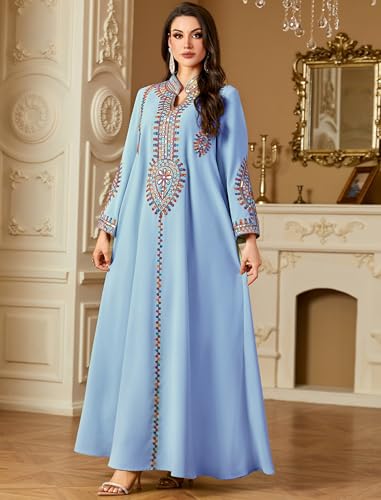 ABEWIP Muslim Dresses for Women Ramadan Kimono Long Sleeve Embroidered Islamic Prayer Dress Turkey Dubai Eid Abaya Kaftan - color: Blue, size: XX-Large
