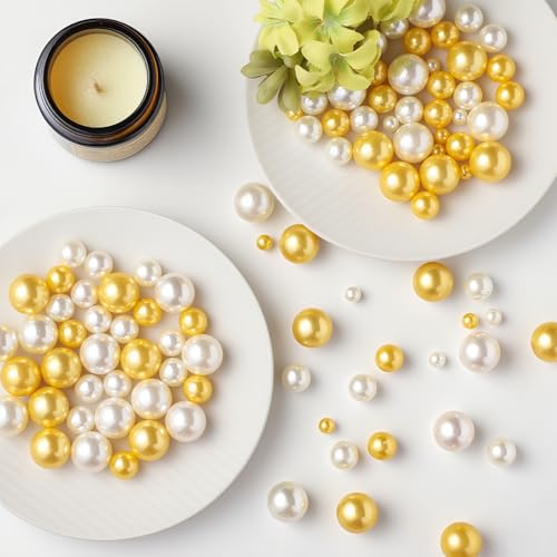UDU 200 Pcs Vase Filler Pearl Beads No Hole Faux Polish Pearls for Centerpieces Vases Beads for vases Home Birthday Wedding Party Table Decor (White and Gold) - color: White and Gold