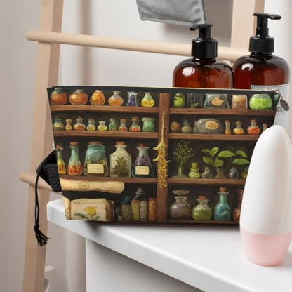 Leather Makeup Bag for Purse, Waterproof Small Toiletry Bag with Zipper, Cute Cosmetic Bags for Women, Potions Herb Shelves Travel Pouch - color: Potions Herb Shelves