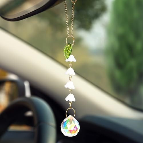 Car Rear View Mirror Accessories, Cute Hanging Ornament Transparent White Lily of The Valley Boho Rearview Decor Charm Handmade Glass Ball Beads Flower Swinging Interior Decor for Women Men - color: Transparent Lily