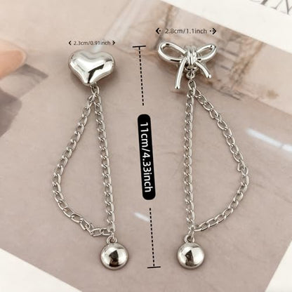 4 Pcs Silver Magnetic Clothing Clips with Chains, Heart & Bow Shape Metal Magnets for Clothes, T-Shirt Pants Hem Clips, No-Pinch Buttons for Adjusting Hem, Sleeves, Pants