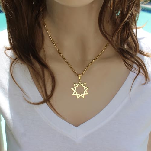 Unisex Nine Point Bahaism Bahai Star Necklace Chain Pendant - color: Gold Plated Steel, size: 18" Chain