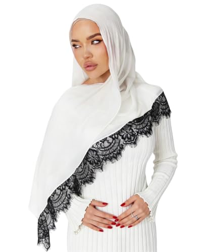 JUMISEE Elegant Floral Lace Hijab Scarf for Women Soft Cotton Head Wrap Instant Hijab Long Scarves Evening Dress Shawl - color: White With Black Lace Trim