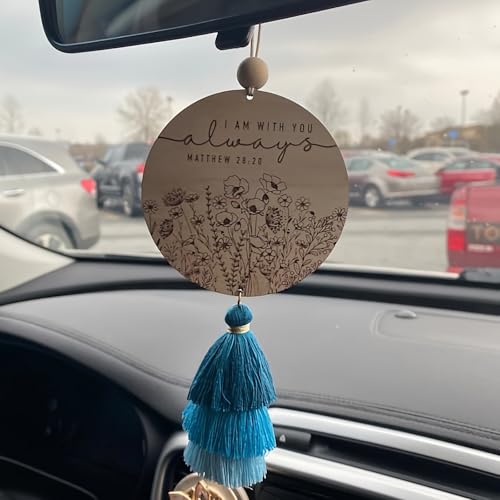 Christian Car Charm Gifts for Women Men, I am with You Always Rear View Mirror Hanger with Tassel Religious Car Hanging Ornament Accessories(Blue) - color: Blue