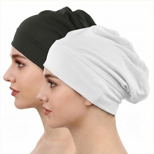 2PCS Hijab Undercap Non Slip for Women, Cozy Satin Hijab Undercap Cap Scarf Islamic Muslim Soft Hijabs Accessory for Turban Tube Neck Cover (White Black)