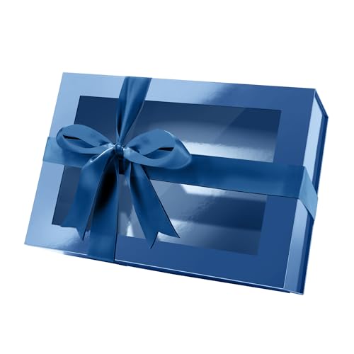 PACKQUEEN Large Blue Gift Box with Window, 13.5x9x4.1 Inches Clear Gift Box for Present Contains Ribbon, Card, Groomsman Proposal Box with Magnetic Lid (Glossy Blue) - color: Blue-13.5x9x4.1 Inches-Pack of 1