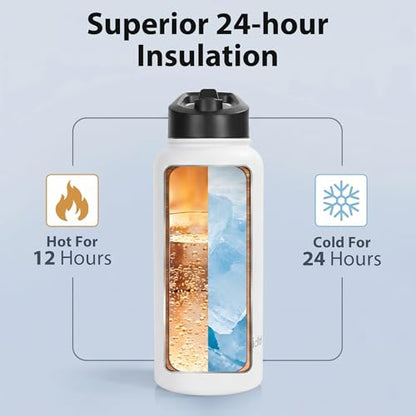 Water Bottle, BPA Free Insulated Stainless Steel, 32oz, Dual lids, Keep Cold 24H, Large Flask, Wide Mouth, Double Wall Metal Sport Drink Bottle, Camping, Gym, Hiking, Cream White - color: Cream White