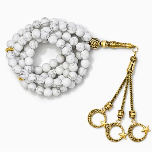 Amazing Gemstone Crystal Tasbeeh with Moon and Star Charm - Certified Crystal Muslim Prayer Beads Natural Gemstone Tasbih Gift for Ramadan Dhikr and Daily Namaz (G) - color: Howlite