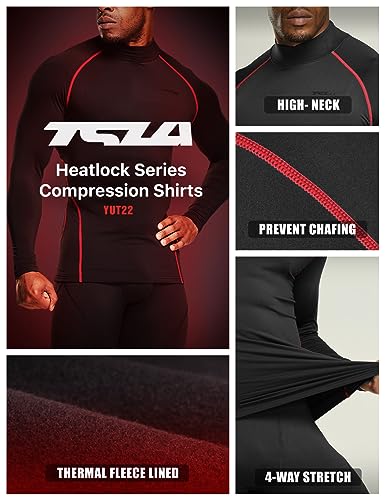 TSLA Men's Thermal Long Sleeve Compression Shirts, Mock/Turtleneck Winter Sports Running Base Layer Top - color: 2pack Black, Red/Charcoal, size: Small