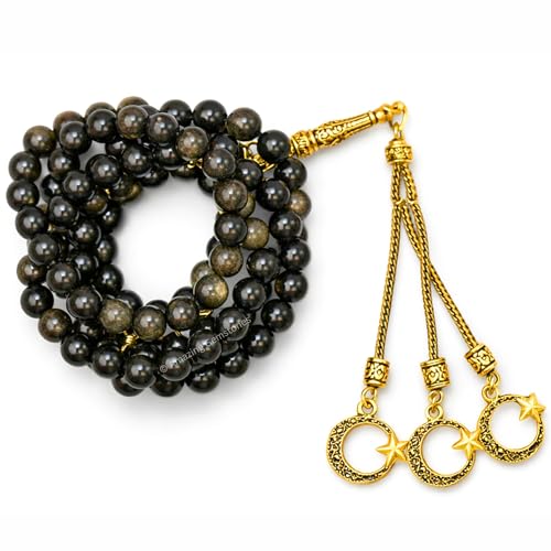 Amazing Gemstone Crystal Tasbeeh with Moon and Star Charm - Certified Crystal Muslim Prayer Beads Natural Gemstone Tasbih Gift for Ramadan Dhikr and Daily Namaz (G) - color: Gold Sheen Obsidian