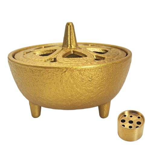 Small Cast Iron Incense Burner Holder, Home Decor, Bowl Design with Lid, Golden Incense for Sticks, Resin, Cone Incense or Wax Melts, Cense with Stand Base for Yoga, Spa, Room, Office - color: Golden