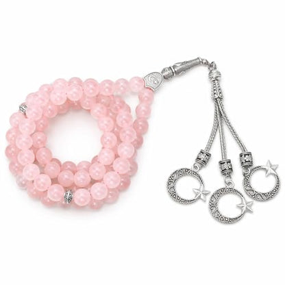Amazing Gemstone Rose Quartz Tasbeeh with Moon and Star Charm - Certified Crystal Muslim Prayer Beads Natural Gemstone Tasbih Gift for Ramadan Dhikr and Daily Namaz (S) - color: Rose Quartz