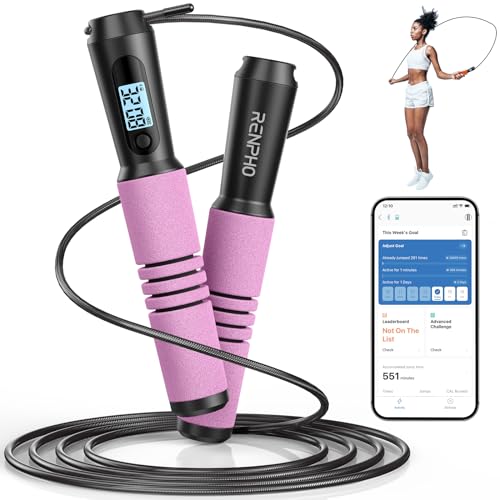 RENPHO Smart Jump Rope with Counter, App Data Tracking, LCD Display | App Data Storage & Analysis, Tangle-Free Design, Adjustable Workout Rope, Fitness Training for Crossfit, Gym & MMA - color: B-Pink Steel wire rope 1 pc
