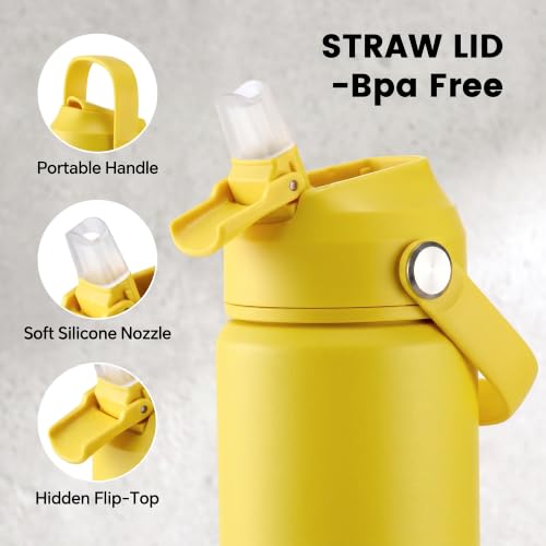 Fijinhom 18oz Insulated Stainless Steel Water Bottle, Wide Mouth Double Wall Vacuum, Silicone Straw, Sweat & Leak Proof, BPA Free Insulated Water Flask for Travel, Keep Cold 24h Hot 12h, Yellow - color: Yellow, size: 18 Ounces