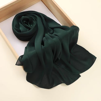 Premium Long Crinkle Chiffon Hijab Scarf for Women, Very Soft Muslim Head Scarfs - color: Dark Green