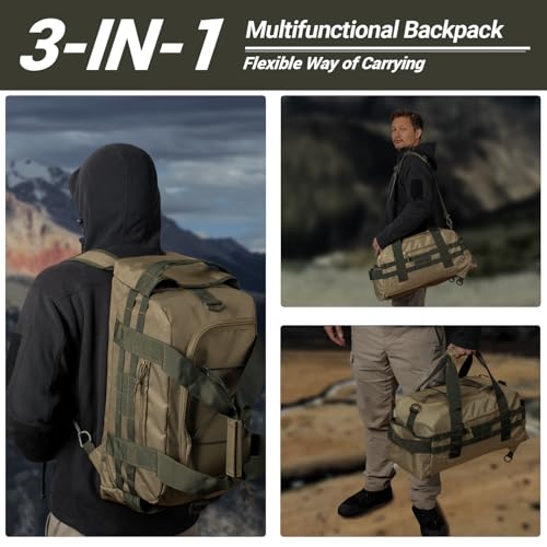 Hannibal Tactical 35L Large Duffle Bag, 3-in-1 Tactical Backpack MOLLE Pack for Sports/Gym/Outdoor, Coyote with Olive - color: Coyote with Olive