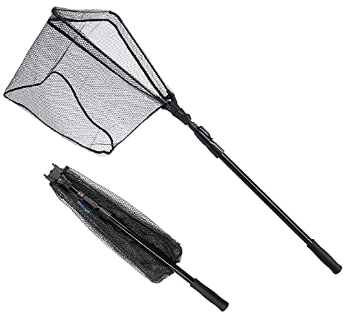 SANLIKE Collapsible Telescopic Fishing Net Rubber Coated Salt/Freshwater | Rubber coated net, fiberglass pole, non-slip rubber handle, various telescopic sizes, one-click storage - color: Black, size: Medium