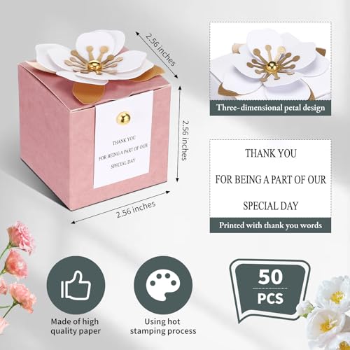 Affrolling 50 Pcs Wedding Favor Boxes with Thanks Card Square Flower Candy Boxes Paper Bridal Gift Box for Guests Wedding Bridal Shower Birthday Party Anniversary (Pink) - color: Pink