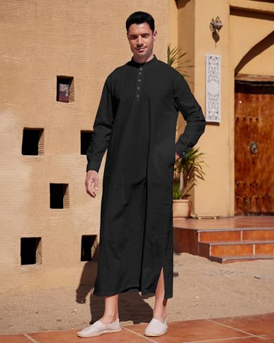 YAOHUOLE Muslim Thobe for Men Button down Mens Caftans Big and Tall Mens Arab Thobe with Pocket - color: Black, size: X-Large