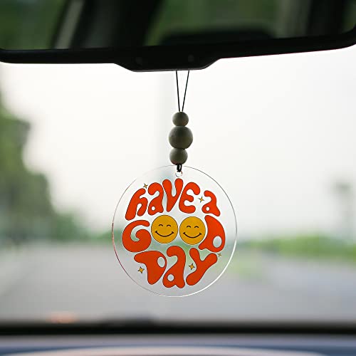 Talataca Have A Good Day 2D Flat Car Ornament & Wood Beads, Happy Smiley Face, Inspirational Quote Beaded Rear View Mirror Accessories, Rearview Hanging Charm, Christmas Tree Decor - color: 13