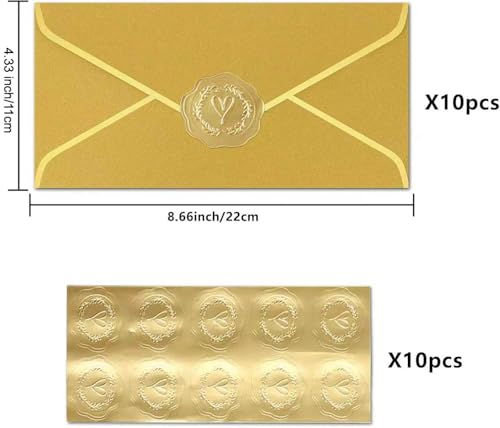 10 Pcs Invitation Envelopes,Gold Envelopes,Cash Envelopes,With Gold Stickers For Teacher's Day, Invitation，Greeting Cards，Letter Mailing(8.66 X 4.33 Inches)