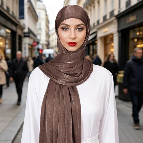 Premium Hijab Head Scarf for Women Lightweight Shimmer Hijab Head Wrap Scarves Crepe Satin Scarf Shawl Wrap - color: Dark Brown