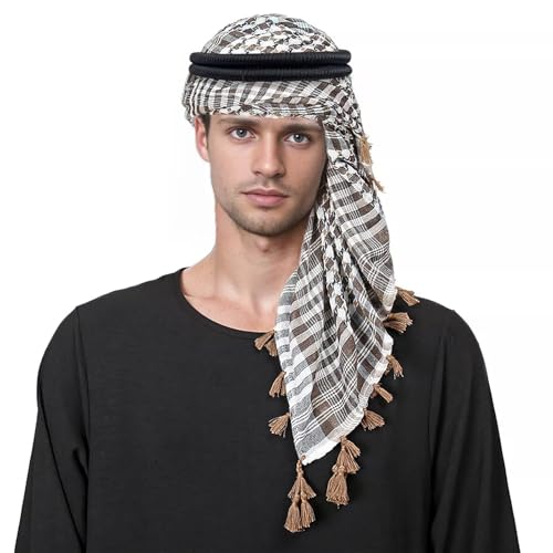PURFUN Men's Large Arab Shemagh Headscarf Muslim Headcover Shawl Keffiyeh Arabic Scarf - color: Scarf+agal/Khaki