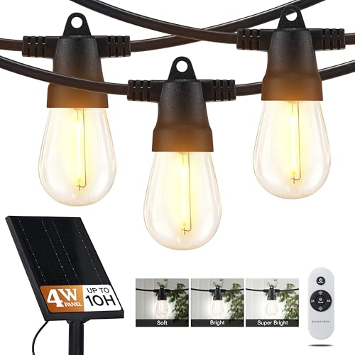 Brightech Ambience Pro Super Bright Solar - 27Ft Remote Control Outdoor String Lights with 12 Shatterproof S14 Bulbs, Commercial Grade LED, Waterproof Patio Lights, 4W Soft White for Patio, Garden - color: Super Bright, size: 27 Feet