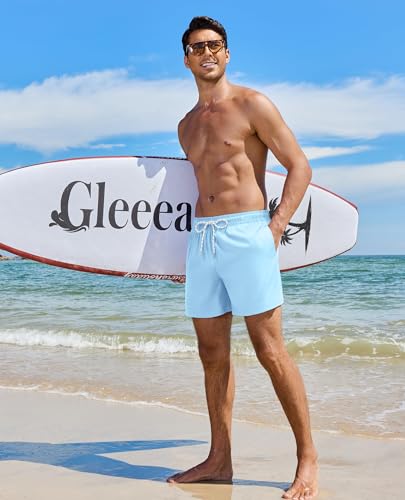 Gleeease 5 Inch Mens Swim Trunks with Compression Liner Men's Bathing Suit | Mens Swim Shorts 4 Pockets Quick Dry 2 in 1 Water Resistant Solid Stretch Breathable Surfing Beach Elastic Waistband Swimsuit - color: Light Blue, size: Large