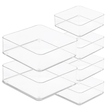 primebox Plastic Clear Drawer Organizers. Bathroom, Kitchen, Bedroom, Makeup, Office Organizer Bins, Storage Trays. Heavy Duty, Stackable. 6" x 6" x 2" Set of 6 - size: 6" x 6" x 2"