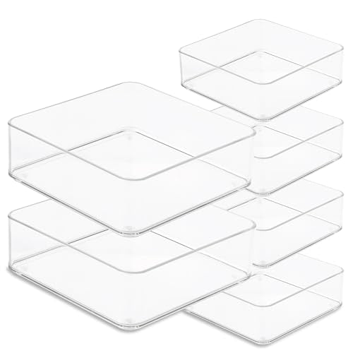 primebox Plastic Clear Drawer Organizers. Bathroom, Kitchen, Bedroom, Makeup, Office Organizer Bins, Storage Trays. Heavy Duty, Stackable. 6" x 6" x 2" Set of 6 - size: 6" x 6" x 2"