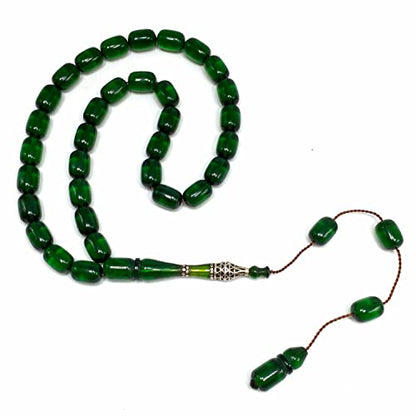 EXCLUSIVE COLLECTION -Handmade Silver Engraved Bakelite Tesbih, Tasbih, Islamic Rosary, Islamic Prayer Beads, Misbaha (8x12 mm 33 Forest Green Beads) - color: 8x12 mm 33 Forest Green Beads
