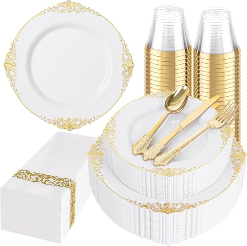 Hioasis 175 Pcs White Gold Plates for Wedding - color: White and Gold