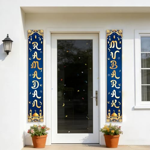 KYMY Ramadan Mubarak Porch Banners, 2PCS Islamic Door Hanging Decorations 70.9" x 11.8", Arabic Festival Polyester Banners with Crescent Moon & Mosque for Ramadan Kareem, Eid al-Fitr, Hajj Decor - color: Blue