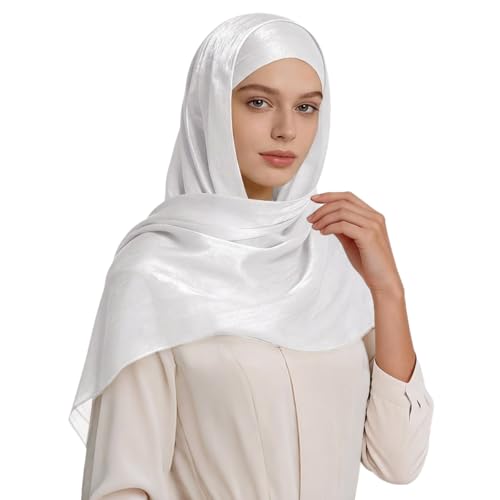 Premium Hijab Head Scarf for Women Lightweight Shimmer Hijab Head Wrap Scarves Crepe Satin Scarf Shawl Wrap - color: White