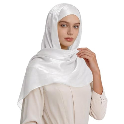 Premium Hijab Head Scarf for Women Lightweight Shimmer Hijab Head Wrap Scarves Crepe Satin Scarf Shawl Wrap - color: White