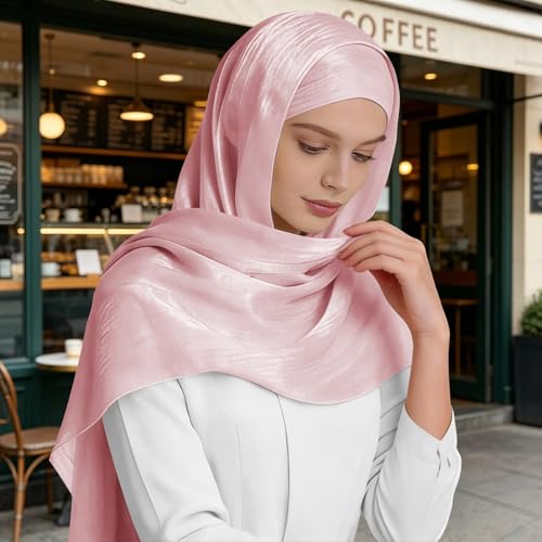 Premium Hijab Head Scarf for Women Lightweight Shimmer Hijab Head Wrap Scarves Crepe Satin Scarf Shawl Wrap - color: Pink