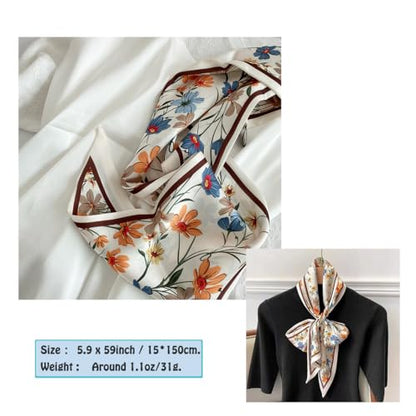 Silk Feeling Head Scarf Fashion Satin Hair Scarf Square Long Scarves for Women Gifts - color: 02 Daisy Flower Beige 5.12 X 59 Inch