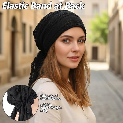 Women Slip-On Pre-Tied Beanie Headwear, Turban Covering Wrap Beanie Caps Headscarf, Stretchy Elastic Band Headwrap - color: Black