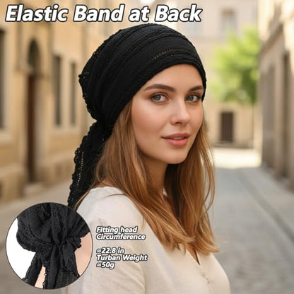Women Slip-On Pre-Tied Beanie Headwear, Turban Covering Wrap Beanie Caps Headscarf, Stretchy Elastic Band Headwrap - color: Black