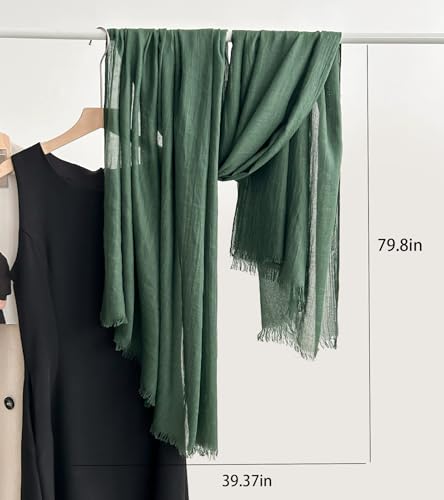 Solid color cotton and linen scarf, wrinkled all season versatile long sunscreen fashionable shawl - color: Deep Green