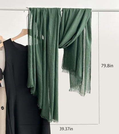Solid color cotton and linen scarf, wrinkled all season versatile long sunscreen fashionable shawl - color: Deep Green