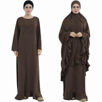 2PCS Women Muslim Prayer Abaya Dress Ruffle Trim Side Pockets with Khimar - color: Coffee, size: Large
