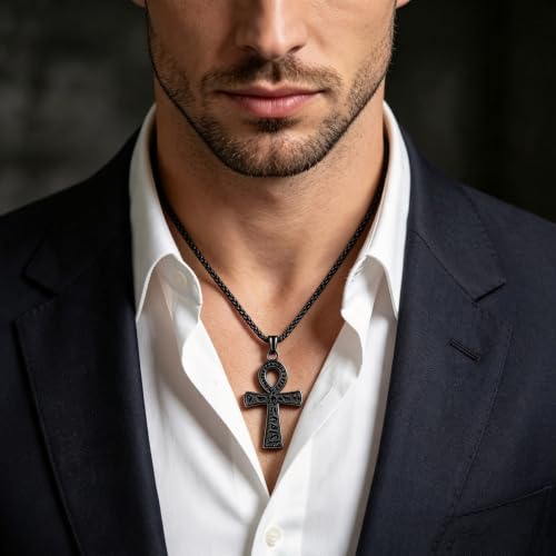 Ankh Cross Pendant Ancient Egyptian Hieroglyphic Symbol of Health and Eternal Life Men Cross Necklace with Tiger Eye Stone Obsidian Hematite Triple Protection Crystal Beads Chain - color: style 2