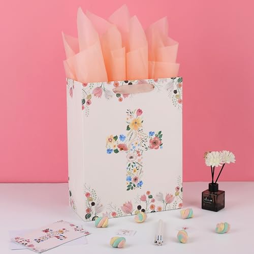 Qirrmiy 13" Large Light Yellow Floral Gift Bag Set with Greeting Card and Tissue Papers for First Communions, Baby Girl Baptisms, Christenings, Religious Occasions - 10.2'x5.2'x13', 1 Pcs. - color: (13'' Large)Light Yellow