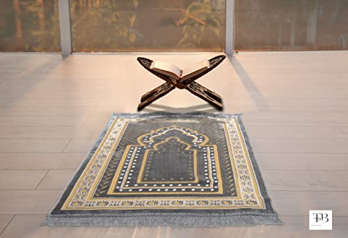 TB Islamic Prayer Rug Soft Velvet Muslim Mat Unique Arabic Turkish African Embroidered Design Prayer Bead Daily Salah Prayer Meditation Ramadan Eid Gift for Women Men Kids (Dark Gray) - color: Dark Gray